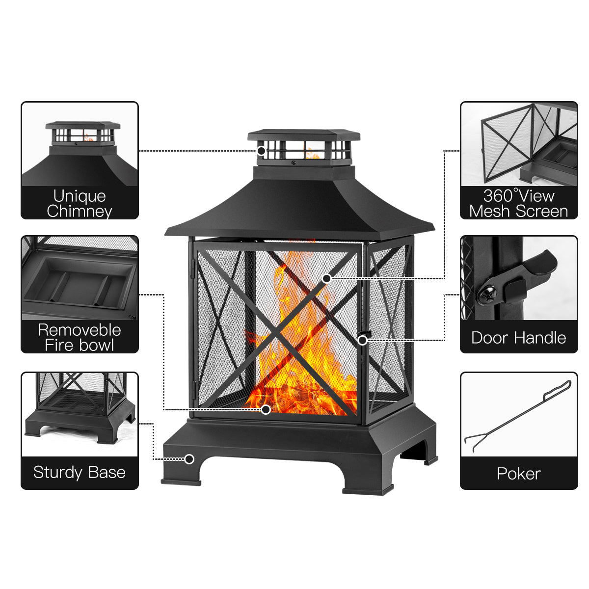 24" Pagoda-Style Steel Wood-Burning Fire Pit with Log Grate and Poker