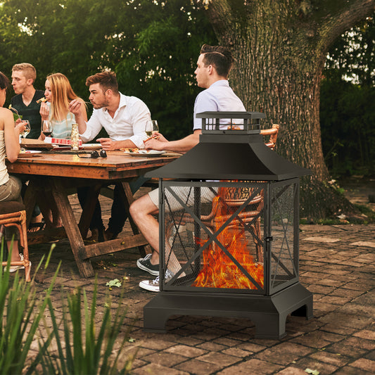24" Pagoda-Style Steel Wood-Burning Fire Pit with Log Grate and Poker