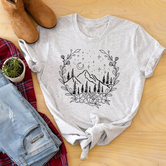 Aesthetic Floral Mountains Nature T-Shirt - DragonHearth