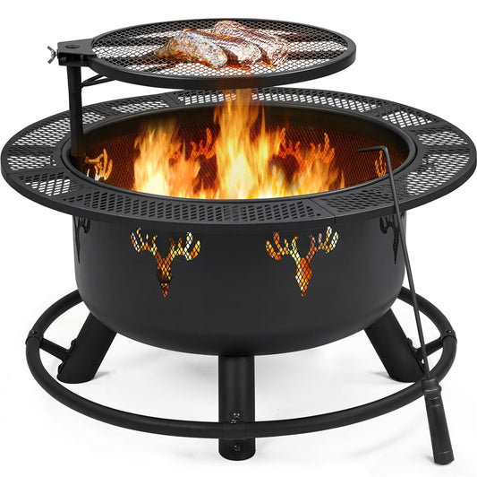 32” Round Wood Burning Fire Pit for Outdoor, Black - DragonHearth