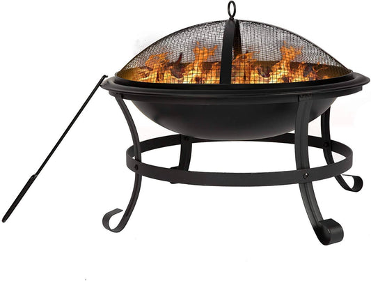 Bosonshop 22'' Outdoor Wood Burning BBQ Grill Firepit Bowl w/Spark Round Mesh Spark Screen Cover Fire Poker Patio Steel Fire Pit Bonfire for Backyard Camping - DragonHearth