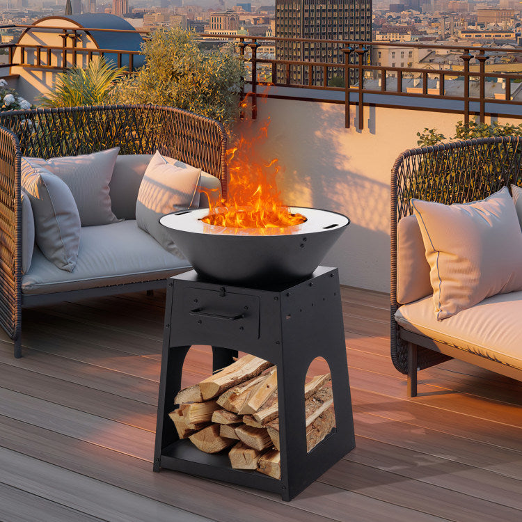 Patio Fire Pit with Firewood Log Rack with Grill and Ash Box