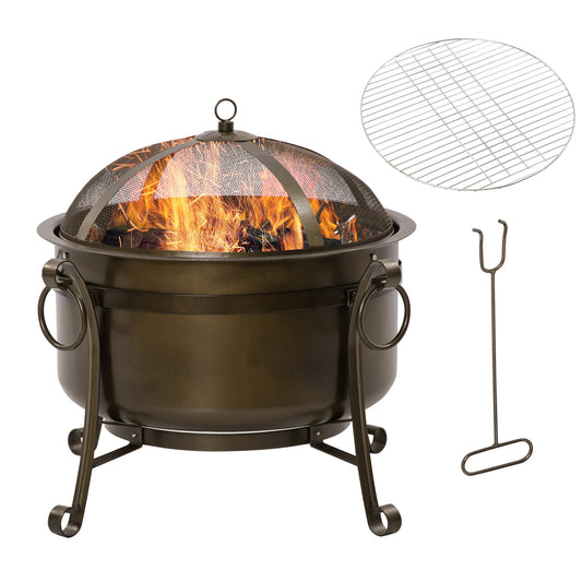 Outsunny 30" Outdoor Fire Pit Grill with Cooking Grate, Poker, Spark Screen Lid, Bronze Colored