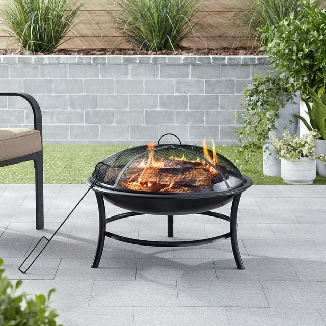 Round Iron Outdoor Wood Burning Fire Pit, Black